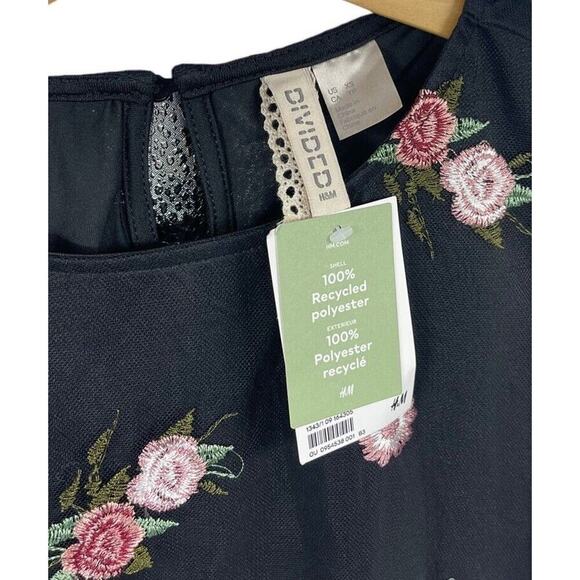 H&M Black Floral Appliqué Mesh Puff Sleeve Midi Dress Fairy Whismigoth Womens XS - Picture 4 of 8